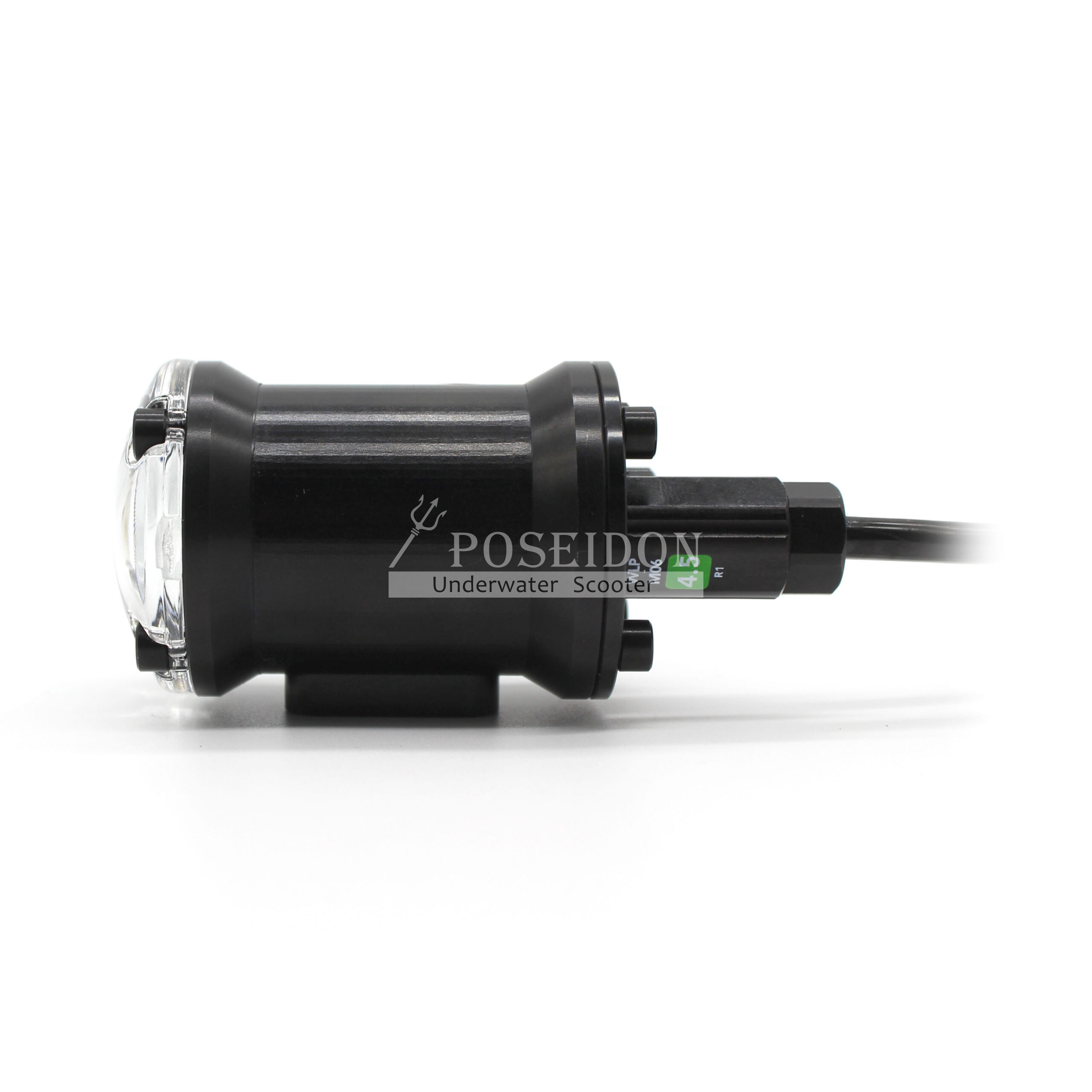 燈具側視圖，黑色圓柱狀金屬外殼，前端透明燈罩，後端防水電纜輸出