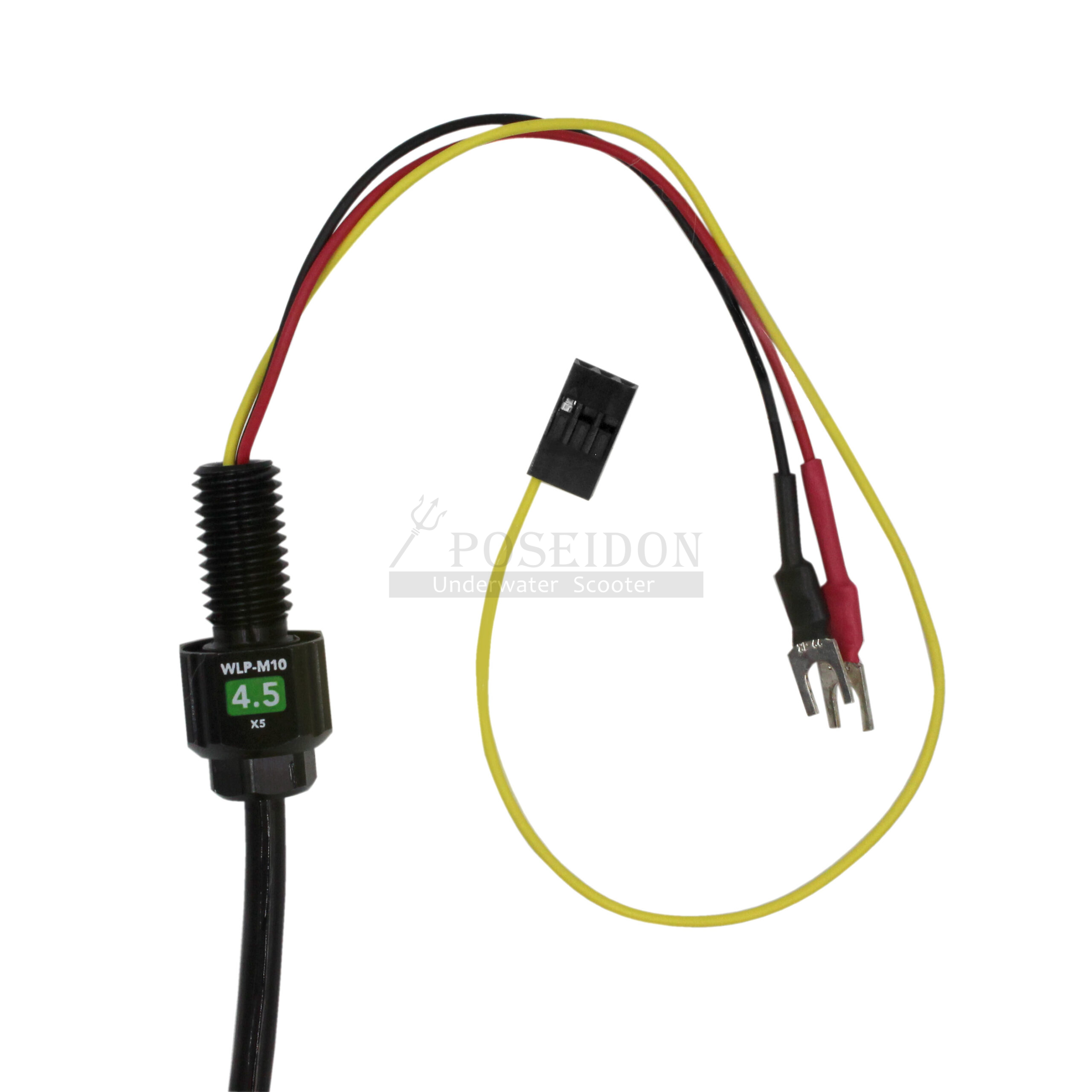 燈具電源線組特寫，含防水接頭、紅黃黑電線與端子接頭